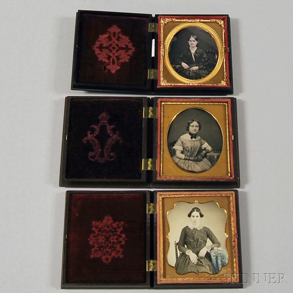 Appraisal: Three Sixth-plate Daguerreotype Portraits of Young Ladies the first wearing