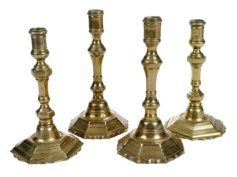 Appraisal: Two Pairs French Brass Candlesticks Continental probably French th century