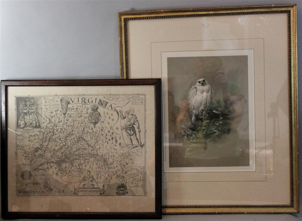 Appraisal: BIRD PRINT and MAP OF VIRGINIA Lithograph hawk - sight