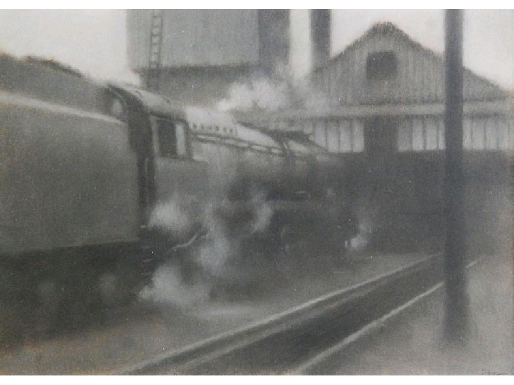 Appraisal: MARTIN J DOBSON b MONOCHROME PASTEL DRAWING 'Engine in shed'signed