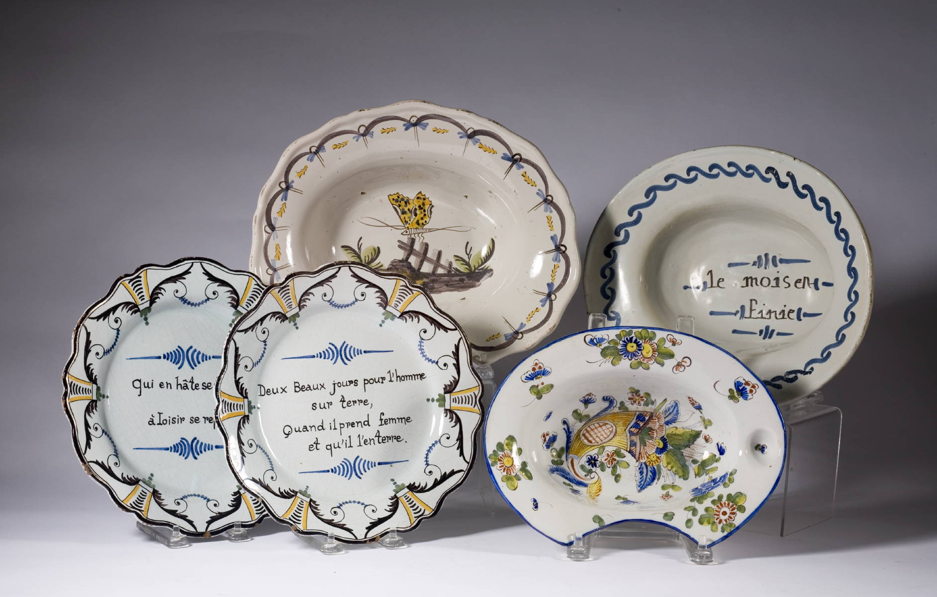 Appraisal: THREE CONTINENTAL FAIENCE BARBER quot S BOWLS AND A PAIR