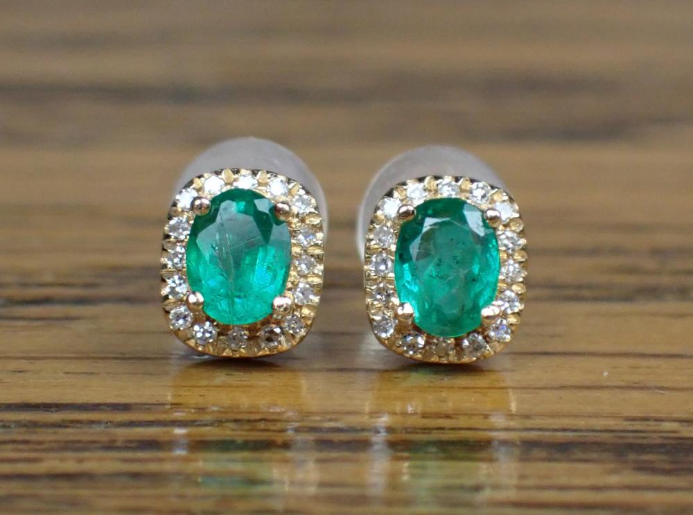 Appraisal: PAIR OF EMERALD AND DIAMOND STUD EARRINGS each k yellow