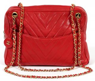 Appraisal: CHANEL CHEVRON QUILTED RED LAMBSKIN BAG CHANEL CHEVRON QUILTED RED