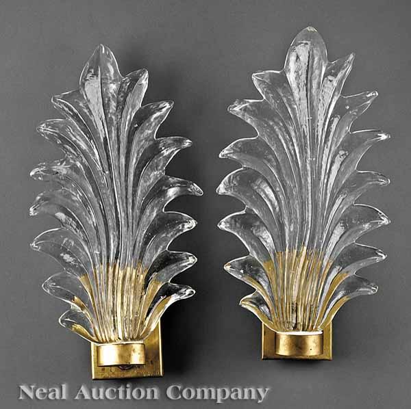 Appraisal: A Pair of Art Deco Glass and Brass Wall Sconces