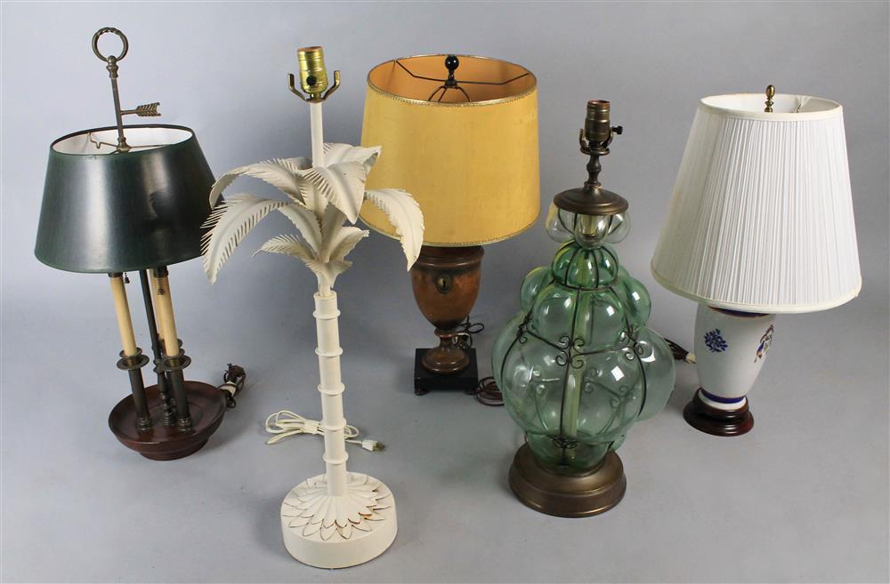 Appraisal: GROUP OF FIVE LAMPS including a wood turned on plinth