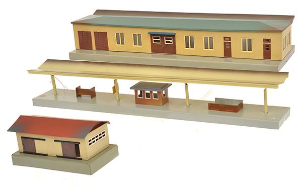 Appraisal: THREE MARKLIN STATIONS including station beige green roof brown doors