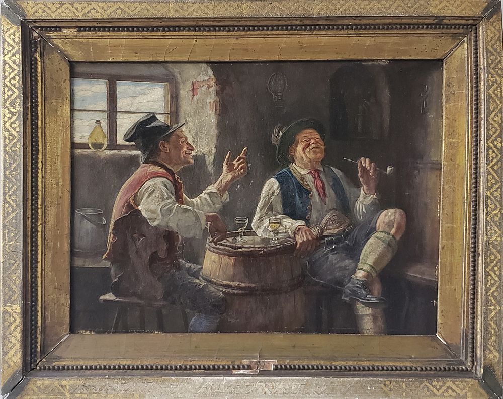 Appraisal: Hugo Kaufmann Oil on Board Two Men Conversing Over Drink