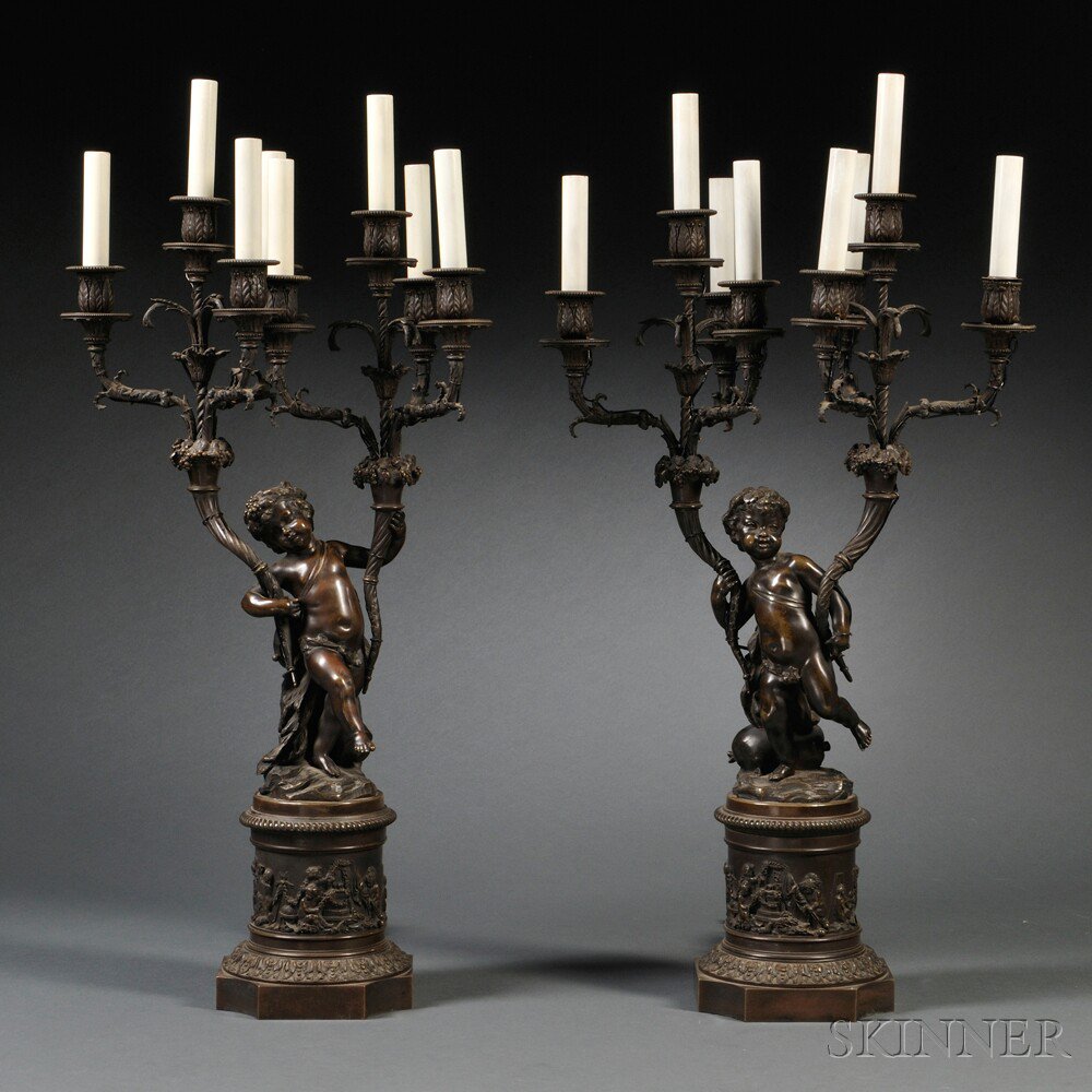 Appraisal: Pair of Napoleon III Bronze Eight-light Figural Candelabra France mid-