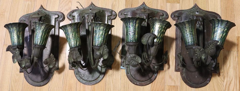 Appraisal: Copper Art Nouveau Copper Sconces With Signed Quezal Art Glass