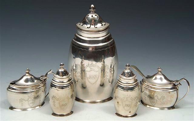 Appraisal: A SILVER FIVE PIECE CRUET SET two oval mustard pots