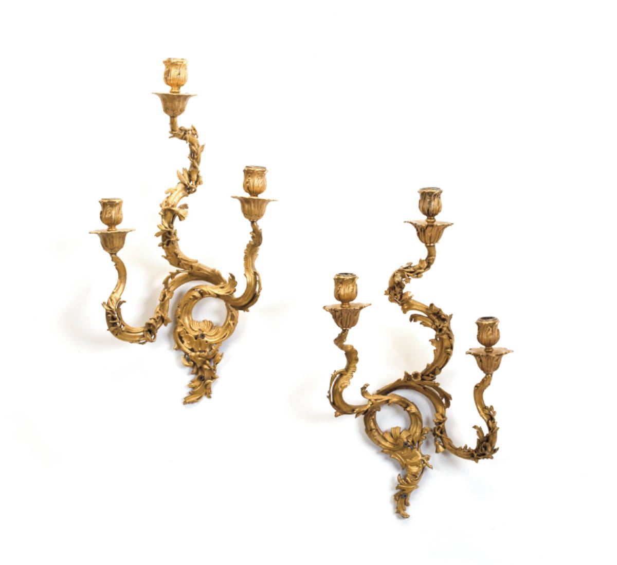 Appraisal: SET OF FOUR LOUIS XV STYLE GILT-METAL THREE-LIGHT BRAS DE