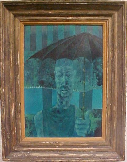 Appraisal: Wynn th C oil on board surrealistic turquoise image of