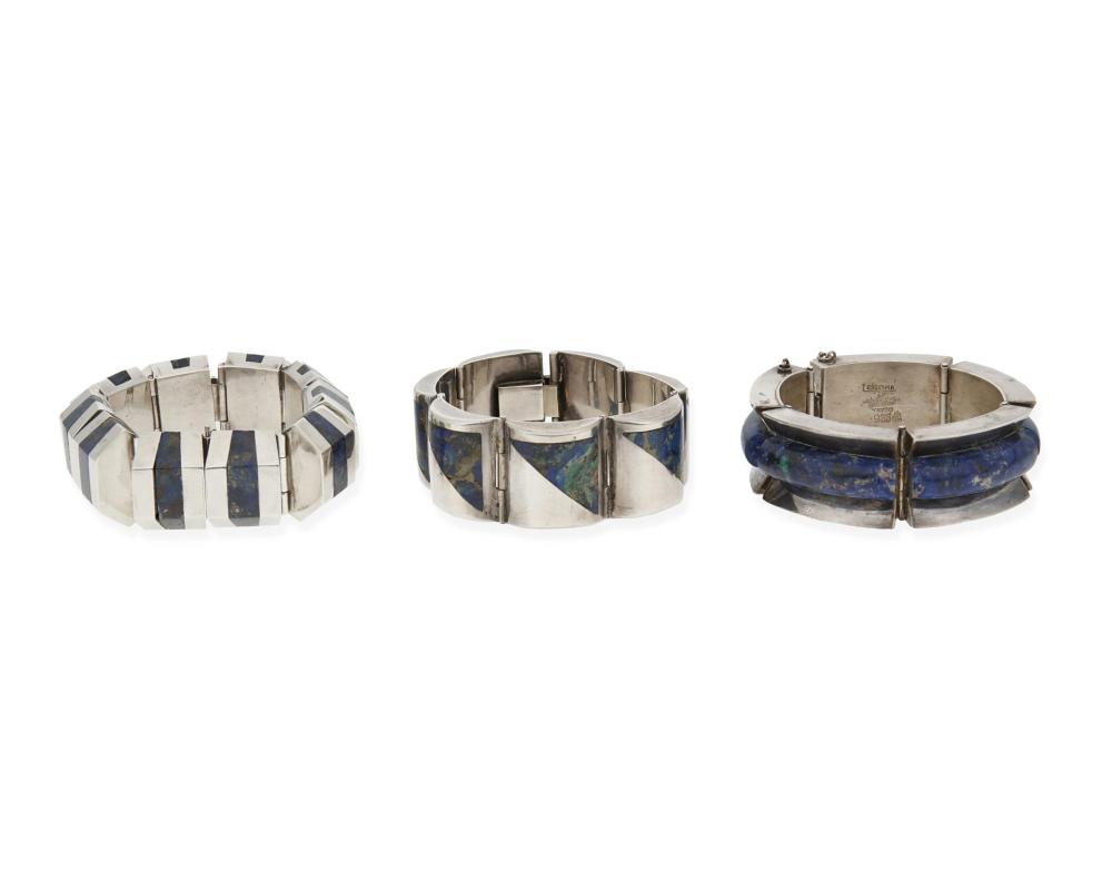 Appraisal: Enrique Ledesma d Mexican Three silver and stone set bracelets