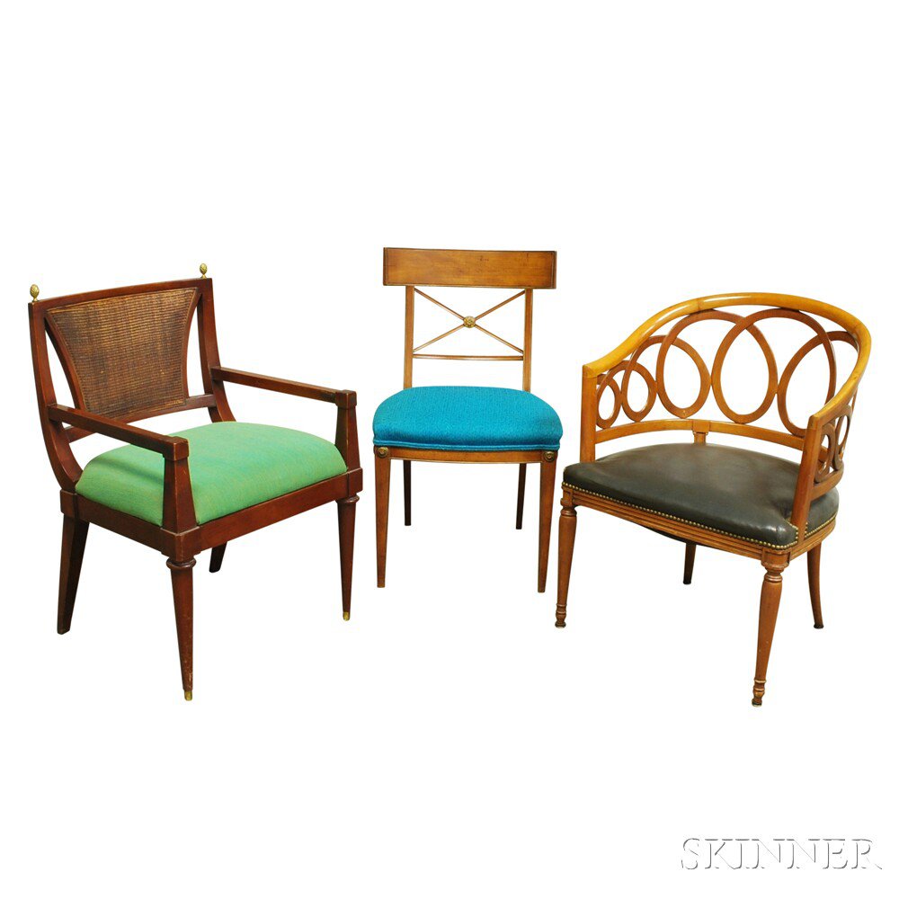 Appraisal: Three Continental Chairs two neoclassical-style armchairs one with a caned