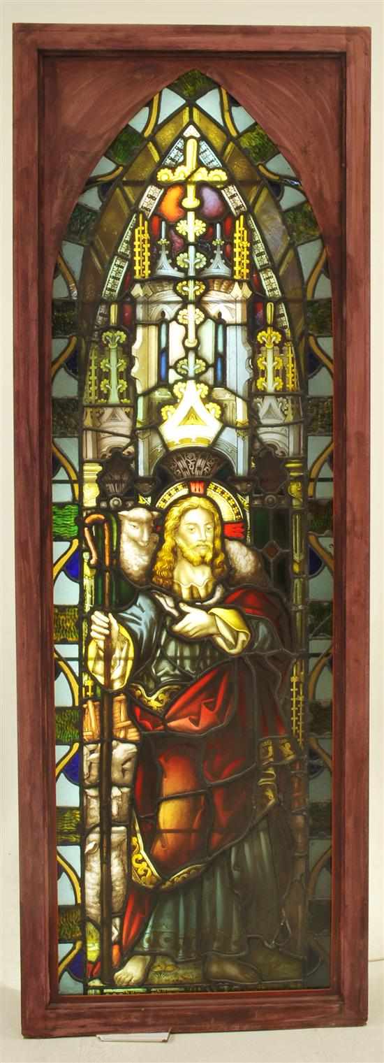 Appraisal: An ecclesiastical stained glass window Circa Rectangular with a tapering