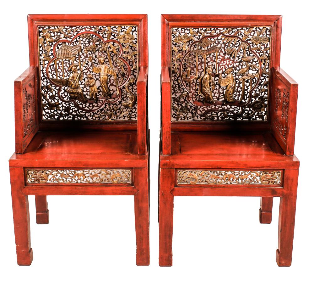 Appraisal: PAIR CHINESE RED GILT LACQUERED CARVED ARMCHAIRSwith pierced back and