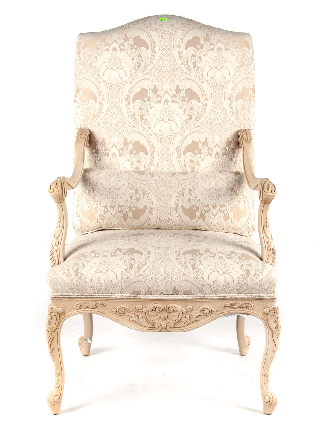 Appraisal: Louis XVI style fauteuil painted wood with damask type upholstery