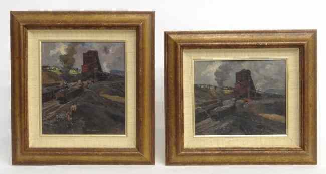 Appraisal: Pair paintings oil on artist board railroad subjects signed by