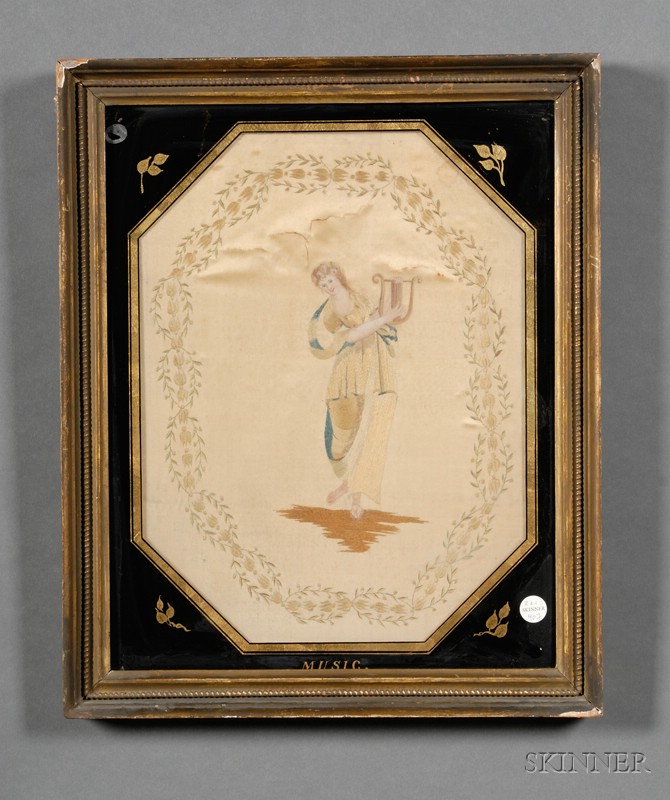 Appraisal: English Silk Needlework Picture Depicting an Allegorical Maiden of Music