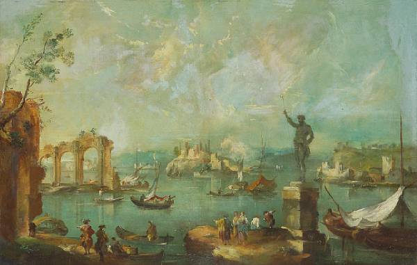 Appraisal: Manner of Francesco Guardi A Mediterranean capriccio with ruins with