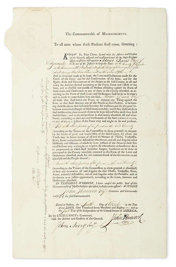 Appraisal: AMERICAN REVOLUTION HANCOCK JOHN Partly-printed Document Signed as Governor of