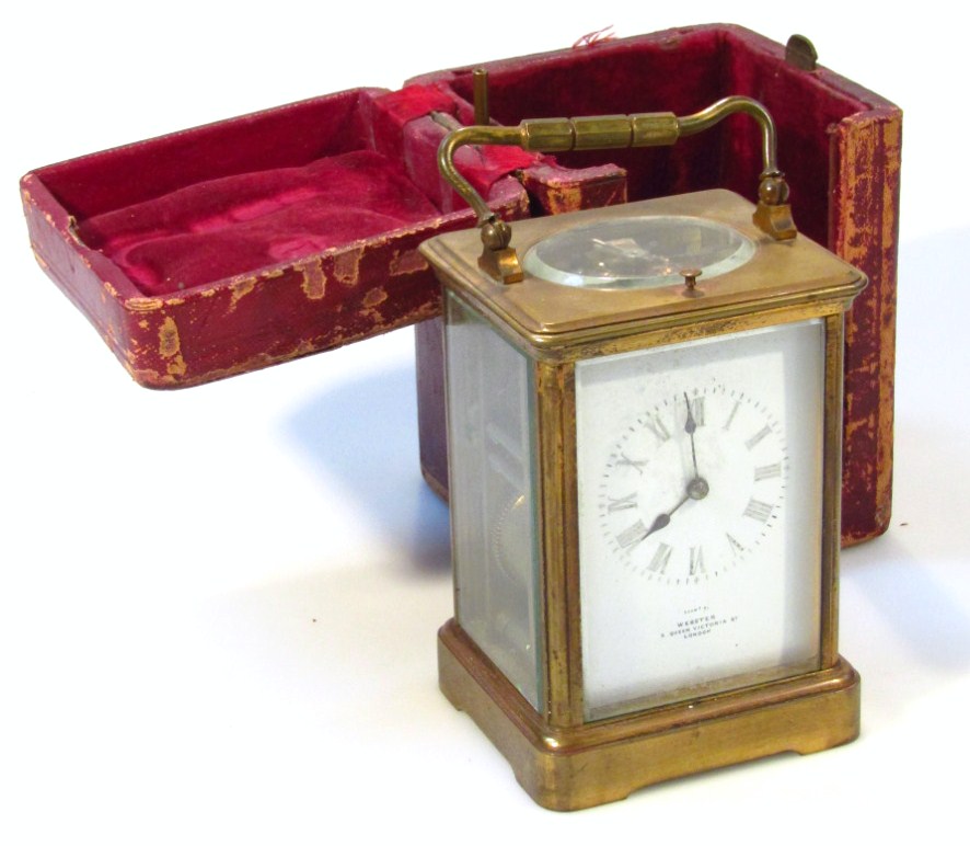 Appraisal: An early thC English repeating brass carriage clock the cm