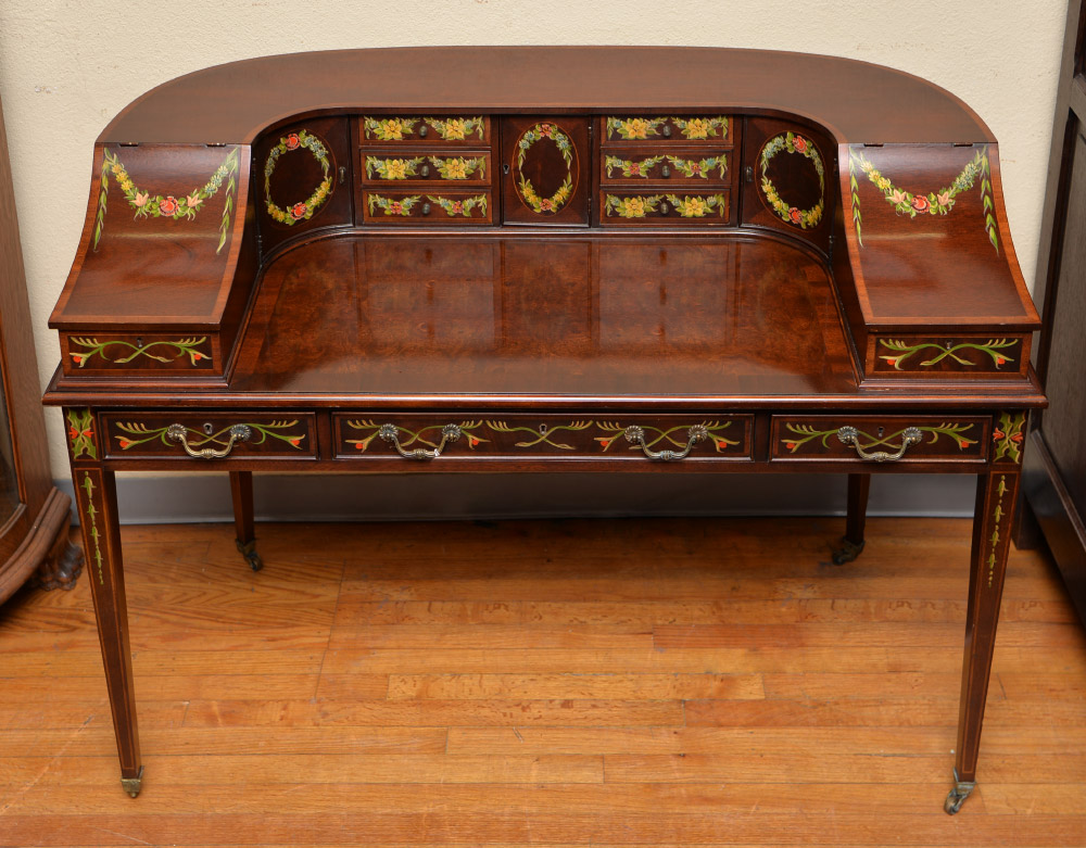 Appraisal: PAINT DECORATED CARLTON STYLE DESK Banded mahogany with Carlton style