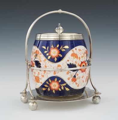 Appraisal: An English Imari Decorated Stoneware Biscuit Barrel With a silver