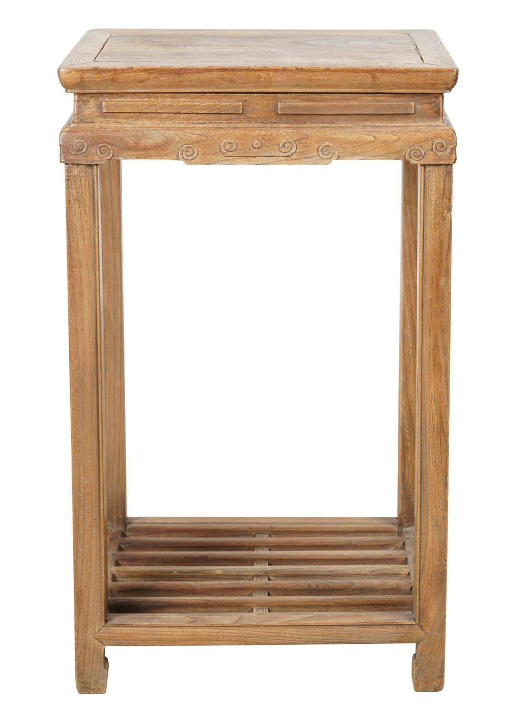 Appraisal: CHINESE WOOD SIDE TABLEwith relief-carved frieze and slatted undershelf Condition