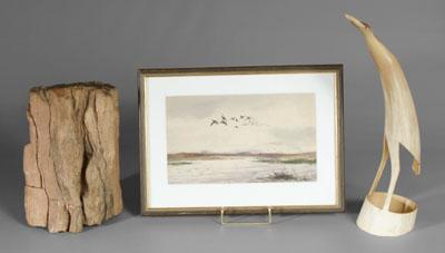 Appraisal: Watercolor carved horn bookend watercolor coastal waterway with ducks in