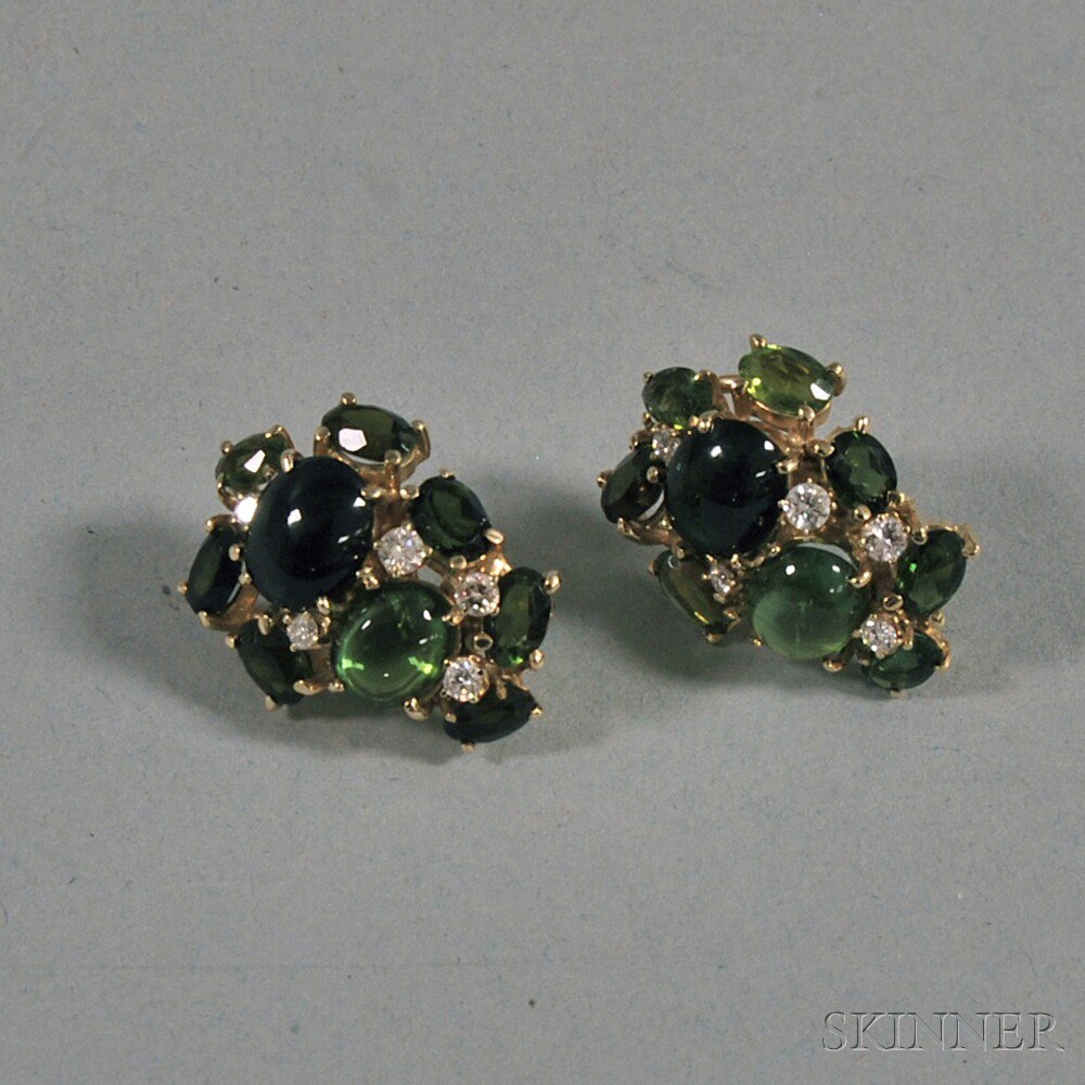 Appraisal: Pair of kt Gold Green Tourmaline and Diamond Pierced Earclips