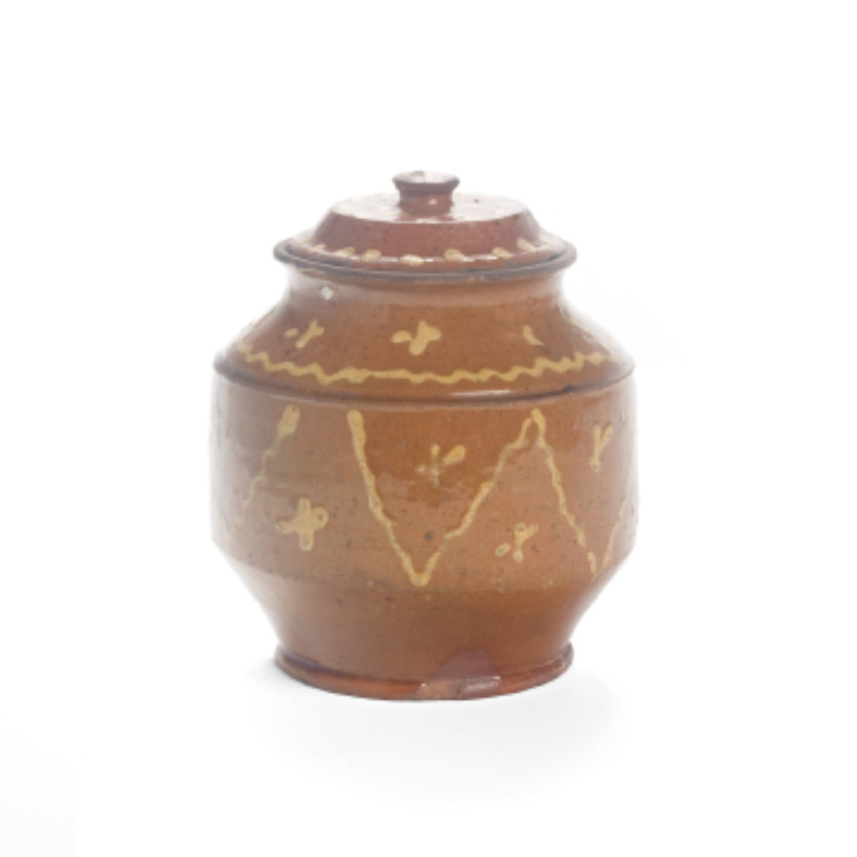 Appraisal: PENNSYLVANIA SLIP-DECORATED REDWARE JAR AND COVER NINETEENTH CENTURY Of shouldered