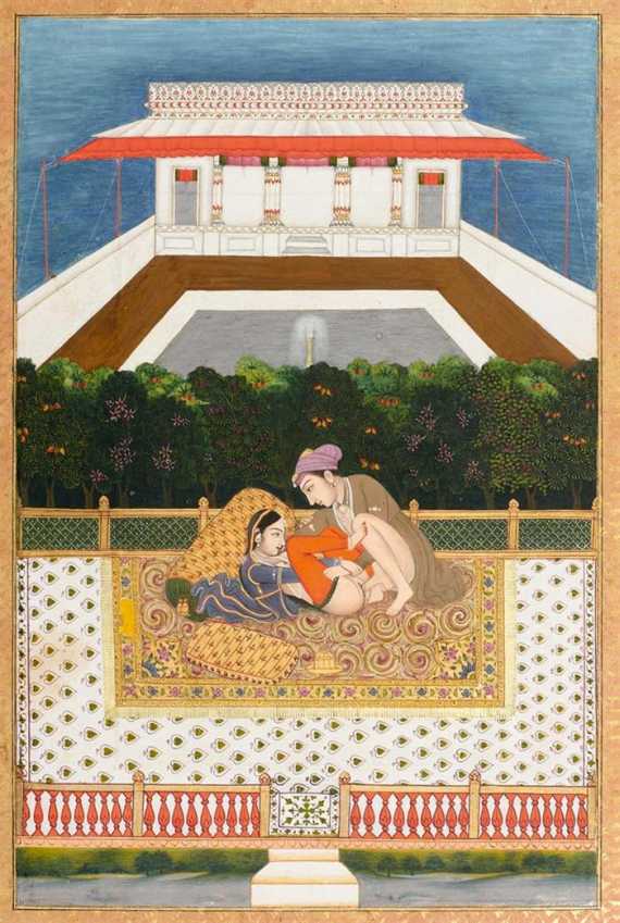 Appraisal: A MINIATURE PAINTING OF AN EMBRACING COUPLE ON A TERRACE