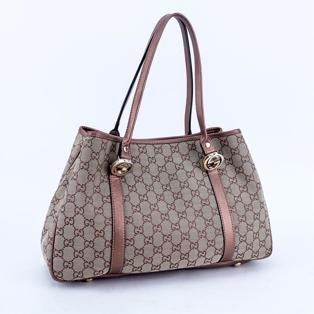 Appraisal: Gucci Beige Metallic Brown Canvas Twins PM Tote Gucci Beige