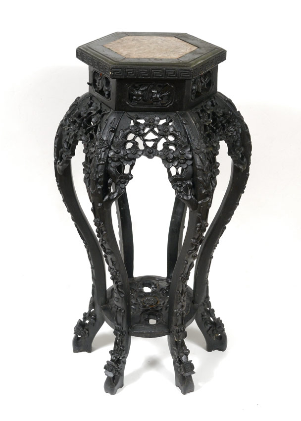 Appraisal: CARVED MARBLE TOP ORIENTAL PLANT STAND sided inset marble top