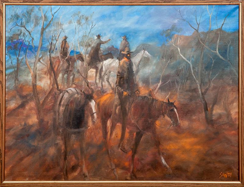 Appraisal: Hugh Sawrey - Men of Kosiusko Oil on canvas signed