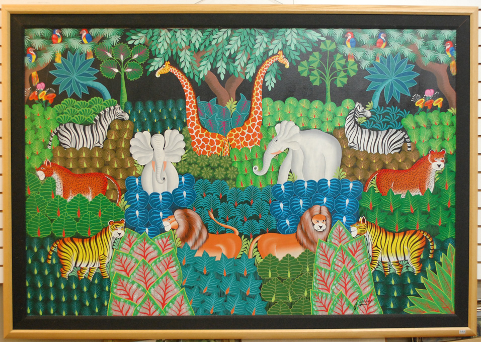 Appraisal: JOEL GAUTHIER ACRYLIC ON CANVAS Haiti th century Jungle scene