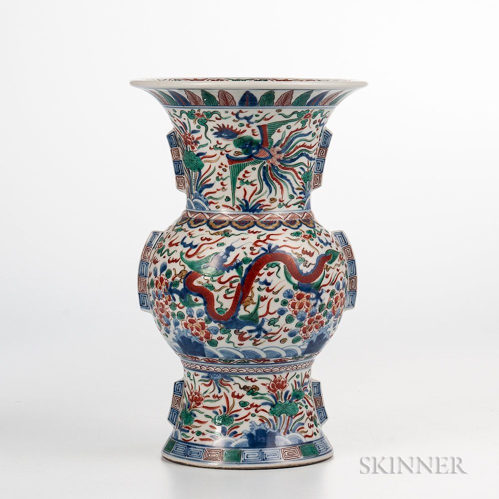 Appraisal: Wucai Zun-form Dragon and Phoenix Vase Wucai Zun-form Dragon and