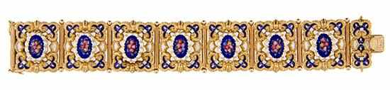 Appraisal: Diamond enamel and gold bracelet circa seven hinged handmade openwork