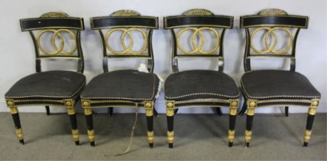 Appraisal: Set of Neoclassical Style Black Lacquer and GiltChairs From a