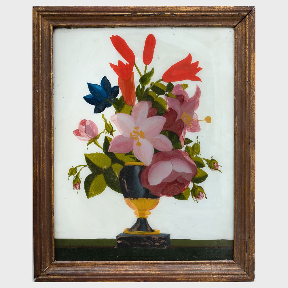 Appraisal: English Reverse Glass Painted Framed Floral Still Life x in