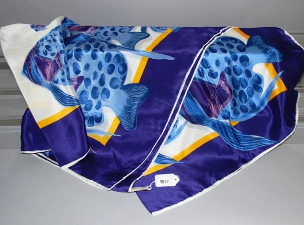 Appraisal: Anne Klein blue white gold fish design silk scarf Approx