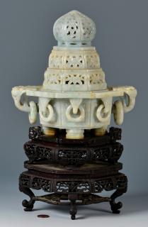 Appraisal: Chinese Carved Jade Censer Lamp Chinese carved jade censer fitted