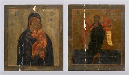 Appraisal: RUSSIAN PAINTED DOUBLE-SIDED ICON The one side with the Madonna