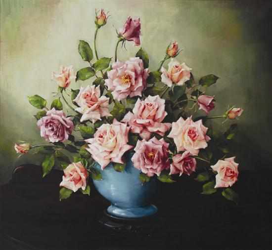 Appraisal: Evelyn Baxter - Pink and Mauve Roses oil on canvas