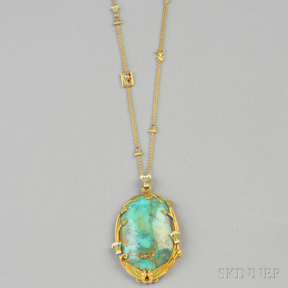 Appraisal: Egyptian Revival kt Gold Turquoise and Enamel Pendant Necklace Marcus