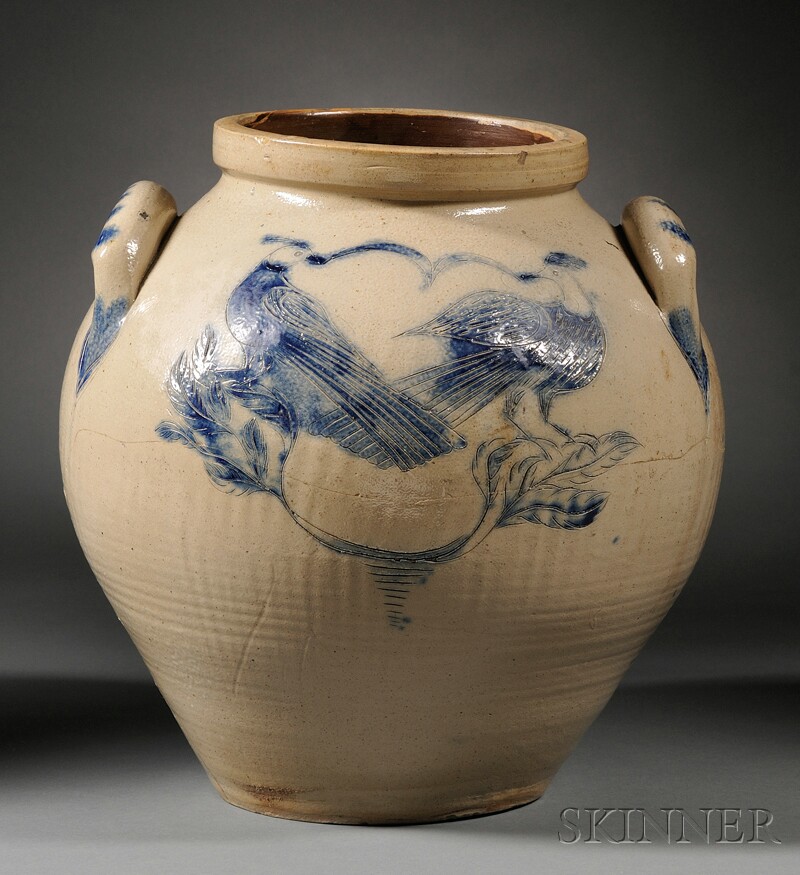 Appraisal: Large Incised and Cobalt-decorated Stoneware Jar with Birds and Owl