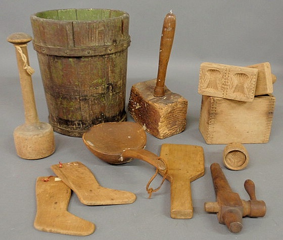 Appraisal: Group of wood tableware and articles- bucket h butter presses