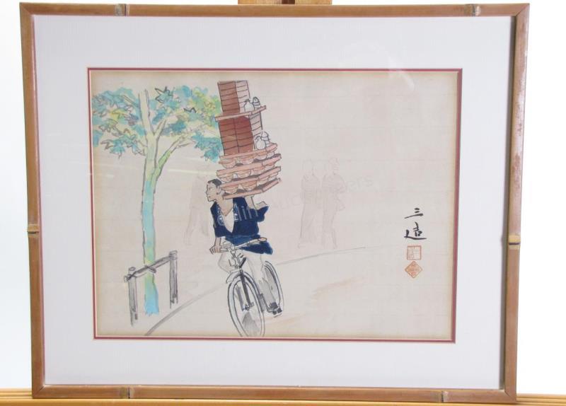 Appraisal: Shinagawa Woodblock Print depicting a bicycle waiter image size x