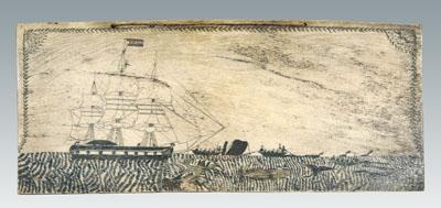 Appraisal: Scrimshaw whaling scene rare large-scale pan bone panel with scrimshaw